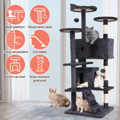 Luxury 54-Inch Double Condo Cat Tree Tower with Scratching Post & Perch - Stylish Light Gray Design for Indoor Fun!