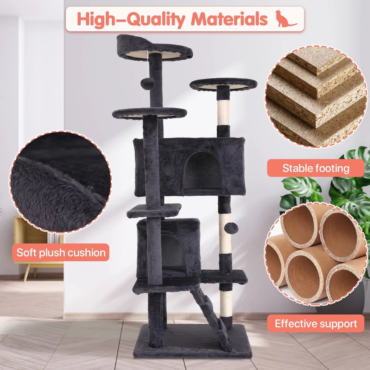 Luxury 54-Inch Double Condo Cat Tree Tower with Scratching Post & Perch - Stylish Light Gray Design for Indoor Fun!