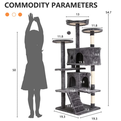 Luxury 54-Inch Double Condo Cat Tree Tower with Scratching Post & Perch - Stylish Light Gray Design for Indoor Fun!