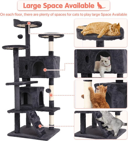 Luxury 54-Inch Double Condo Cat Tree Tower with Scratching Post & Perch - Stylish Light Gray Design for Indoor Fun!