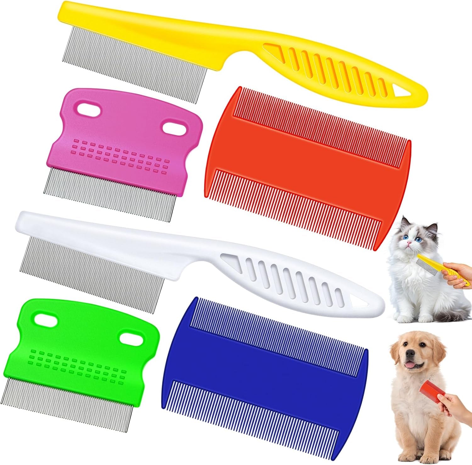 6 Pack Flea Comb Pet,White, Yellow, Green, Purple, Orange, Dark Blue | Stainless Steel Rounded Teeth, Double Sided Design, Lice Remover, Tear Stain Tool, Dematting Brush for Cats Dogs Grooming