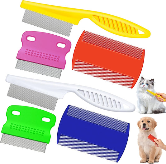6 Pack Flea Comb Pet,White, Yellow, Green, Purple, Orange, Dark Blue | Stainless Steel Rounded Teeth, Double Sided Design, Lice Remover, Tear Stain Tool, Dematting Brush for Cats Dogs Grooming