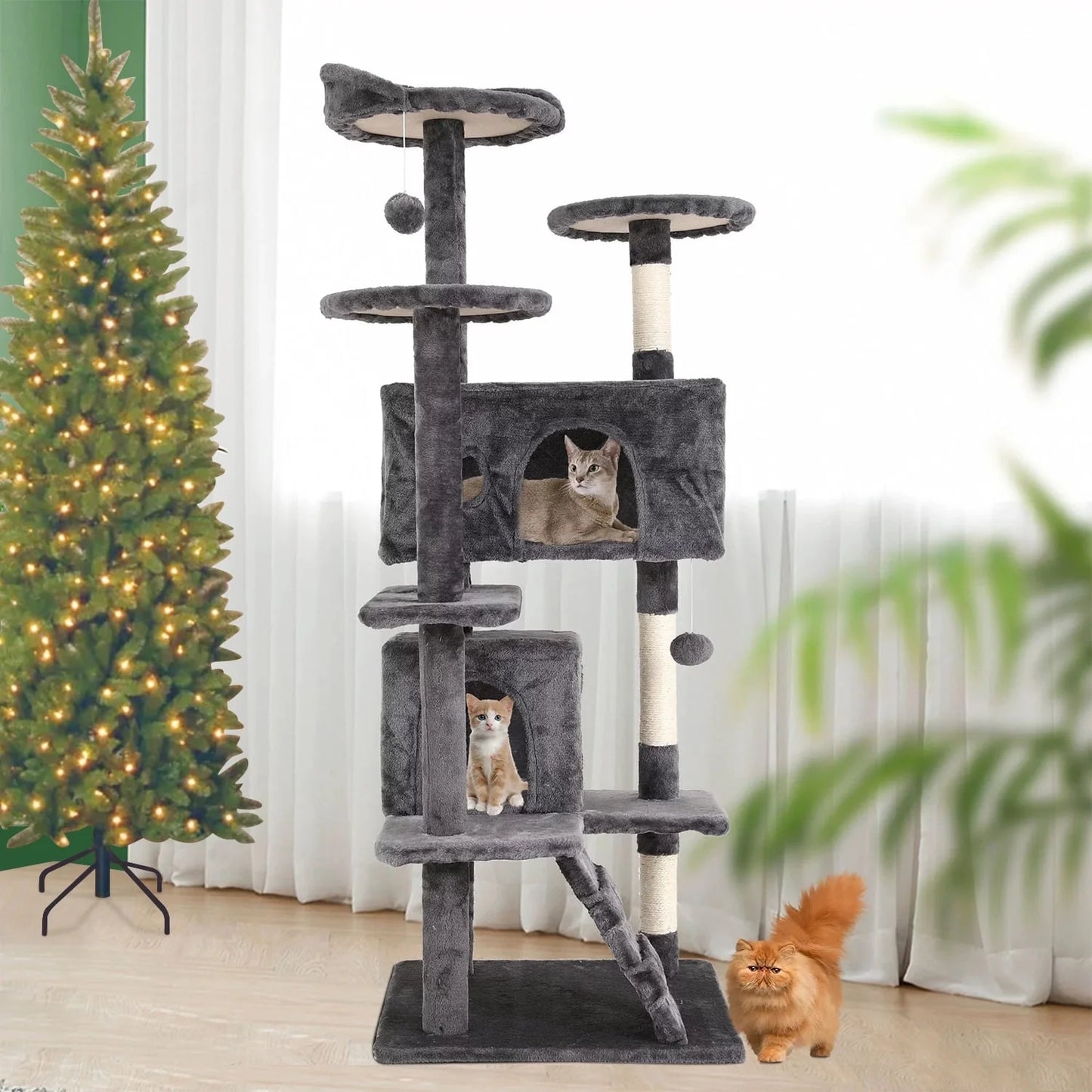 Luxury 54-Inch Double Condo Cat Tree Tower with Scratching Post & Perch - Stylish Light Gray Design for Indoor Fun!