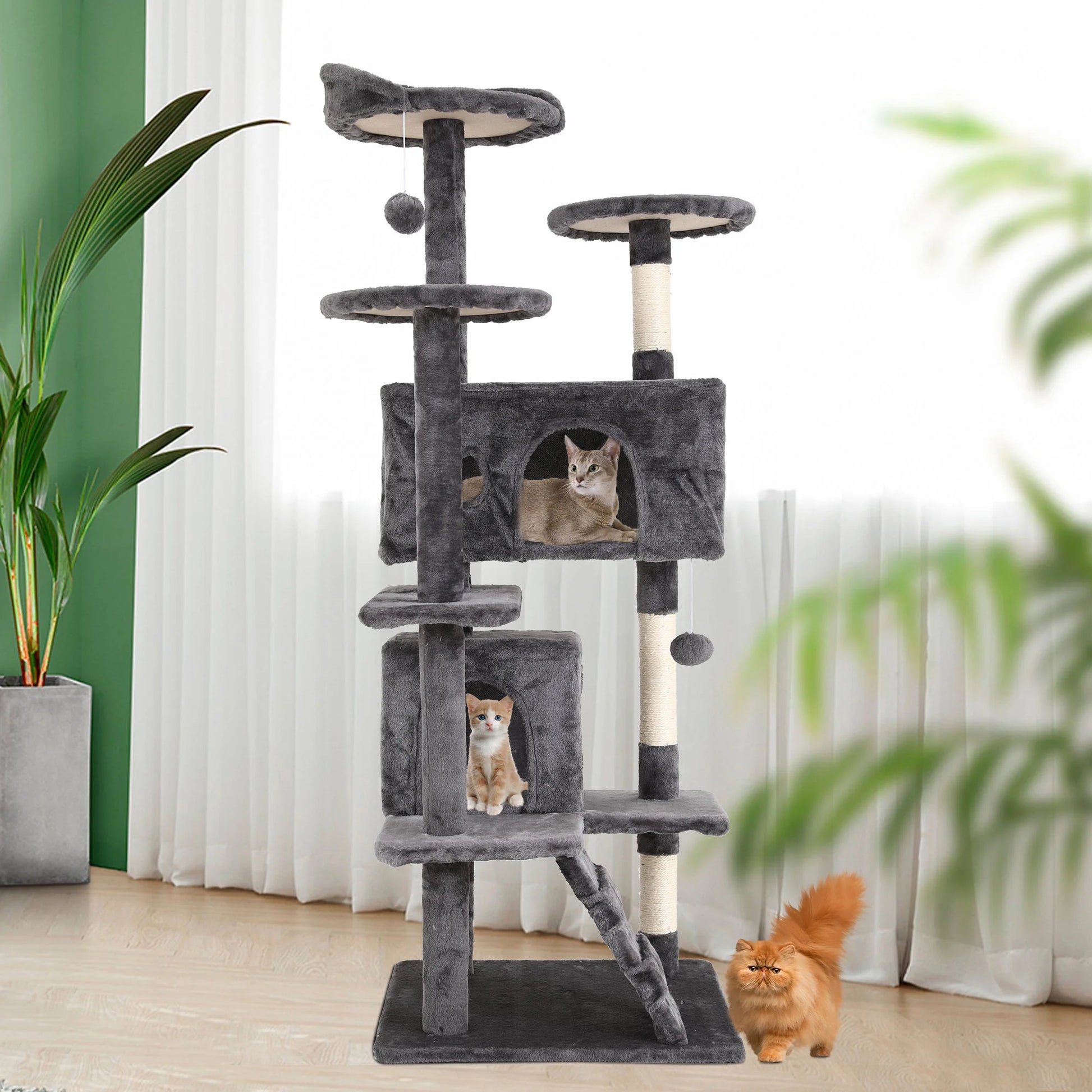 Luxury 54-Inch Double Condo Cat Tree Tower with Scratching Post & Perch - Stylish Light Gray Design for Indoor Fun!